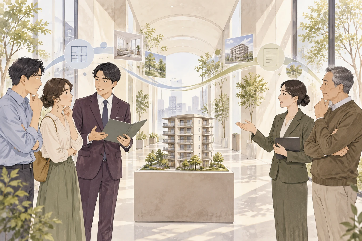 买主和卖主各自向经纪人确认房源资料的插画