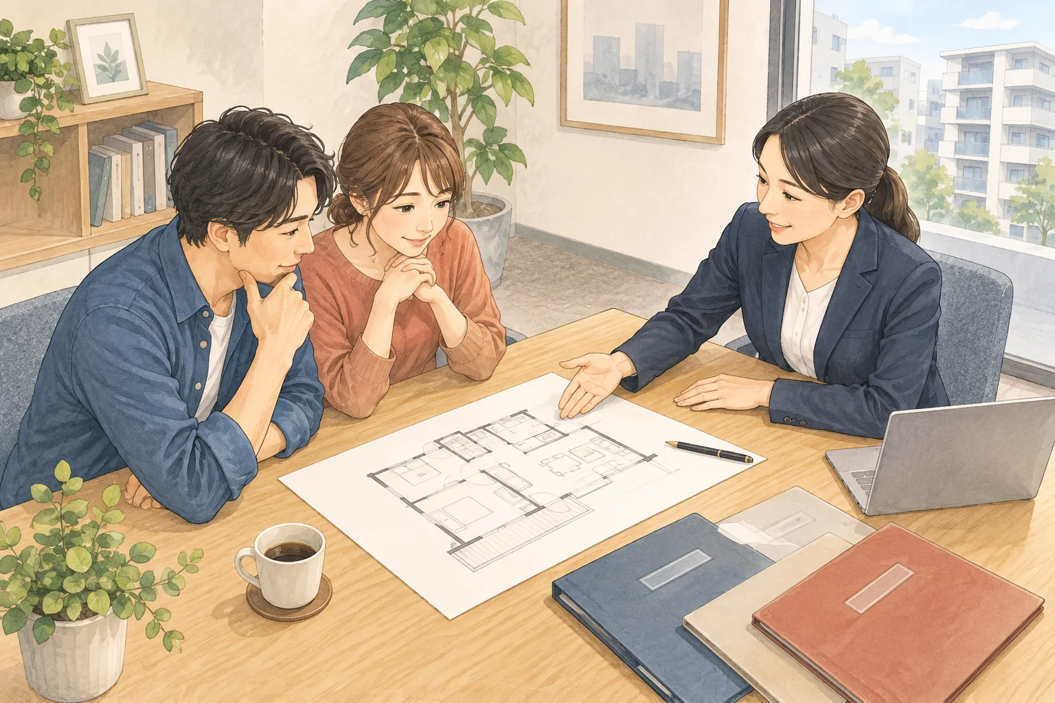 購屋者與不動產仲介一起討論資料的插畫