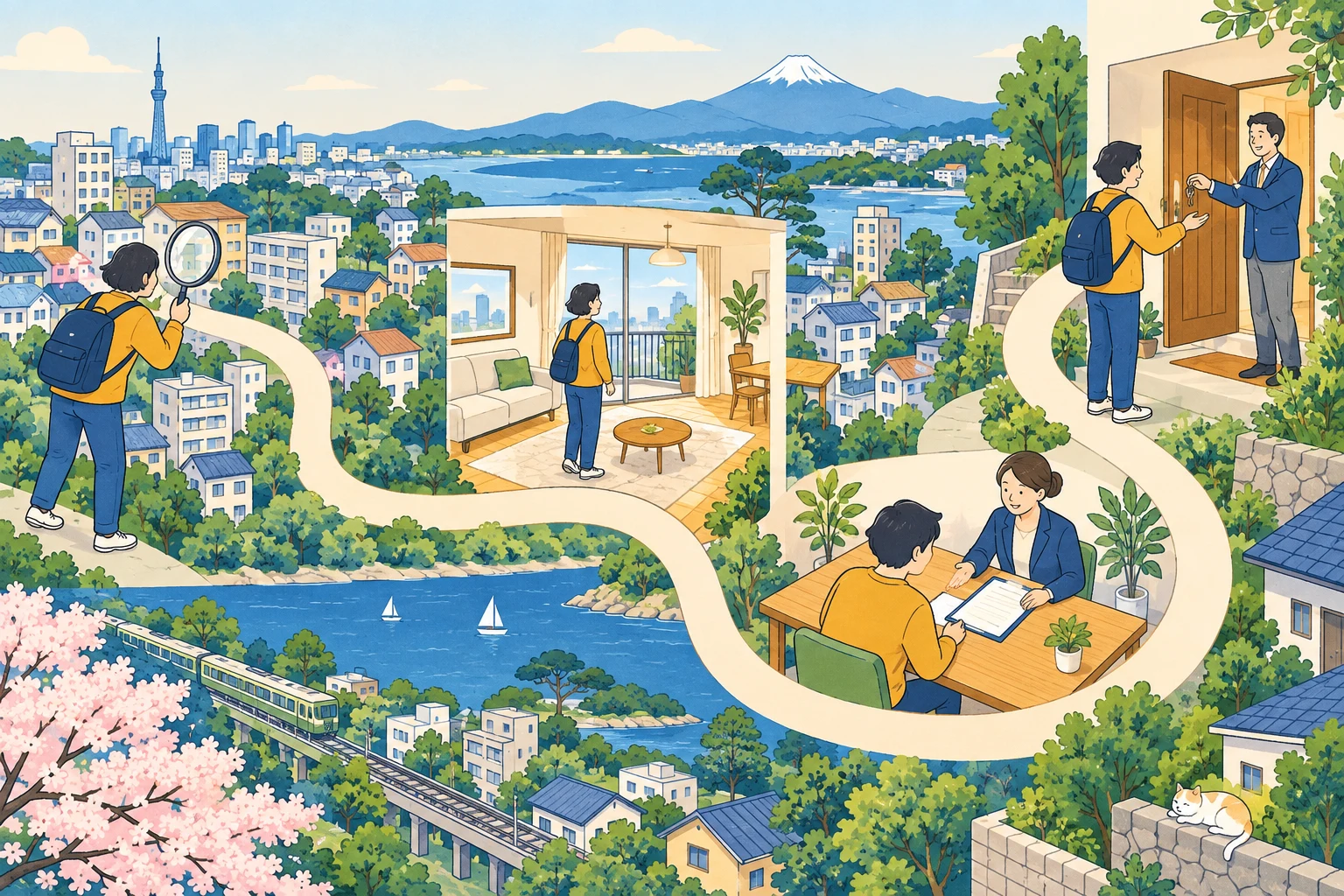 沿着道路从找房、看房和文件确认走到拿钥匙的购房插画